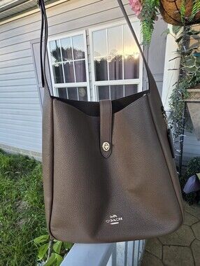 Coach Hadley Pebble Leather Large Shoulder Bag Gold Dark Stone Brown Purse Tote